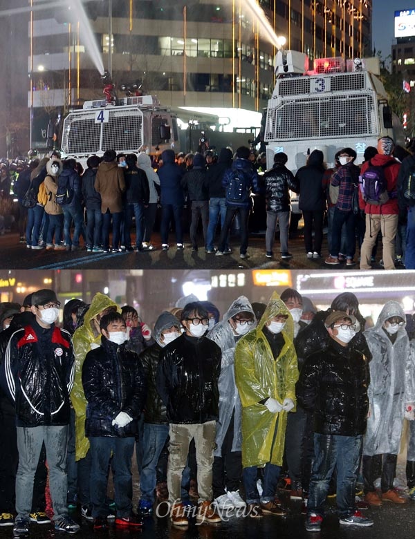 12월 7일 서울역 광장에서 열린 '관건부정선거·공약파기·민생파탄·공안탄압 박근혜정권 규탄 비상시국대회'에 참석했던 시민, 학생들이 종로3가에서 경찰이 발사한 물대포를 맞고 있다.