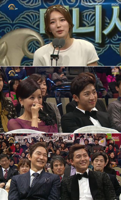  30일 방송된 <2013 MBC 연기대상>에서 미니시리즈 부문 여자 최우수상 수상자로 지목된 수지가 수상소감을 말하자, 이를 흐뭇하게 바라보고 있는 선배 연기자들의 모습.