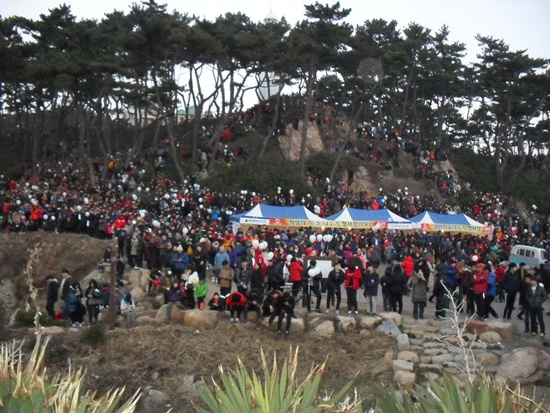 수천여명의 사람들이 울산 동구 대왕암 공원에서 해맞이 행사를 보았습니다.