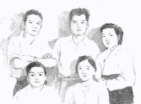 1954년 오탁번 시인이 12살 때의 흑백사진을 바탕으로 스케치했다. 왼쪽 위부터 둘째형 탁승, 셋째형 탁운, 오른쪽이 권영희 선생. 아래가 누나 탁분이다.