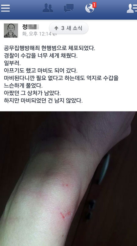 6일 현행범으로 체포된 정00씨가 자신의 페이스북에 올린 글