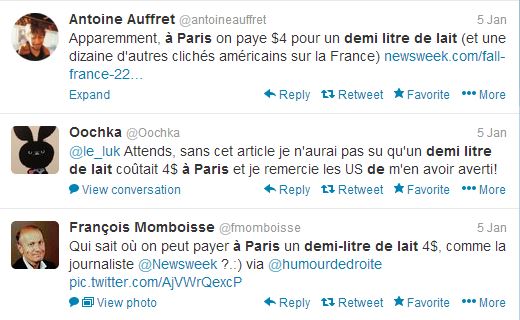 마지막 트위트에는 이렇게 적혀 있다. '파리에서 우유 반 리터를 사는 데, 그 기자처럼 4달러를 내야 하는 곳을 누가 알고 있습니까?'
