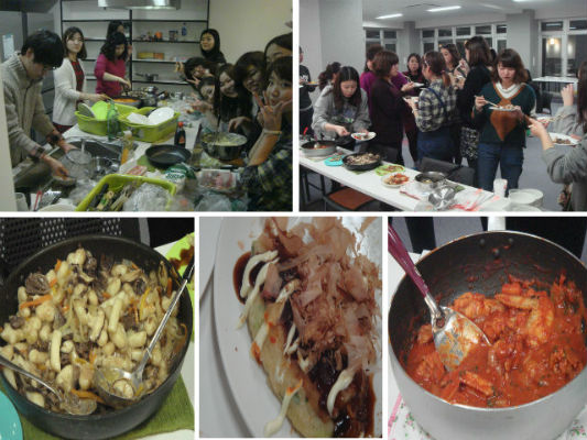 　　두 나라 학생들이 서로 자기 나라 먹거리를 만들어서 먹으면서 이야기를 나누었습니다. 사진 아래는 한국 궁중 떡볶이와 닭찜 그리고 가운데는 일본 오코노미야키입니다.
