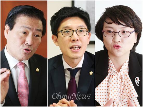 박용모 송파구 의원, 김병민 서초구 의원, 오진아 마포구 의원이 '기초 선거 정당 공천 폐지'에 대한 입장을 각각 밝히고 있다.