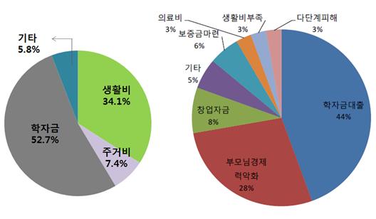  <좌> 신용카드 미사용자 중 과거 연체 경험자들의 대출용도 <우> 부채발생 원인에 대한 심층조사 결과 분포도