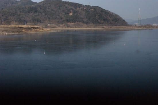 4대강사업으로 호수가 된 낙동강 해평습지의 모습. 위 사진과 같은 곳에서 찍은 모습이다. 철새 한 마리 없는 해평호수의 모습이다. 2014년 1월 촬영