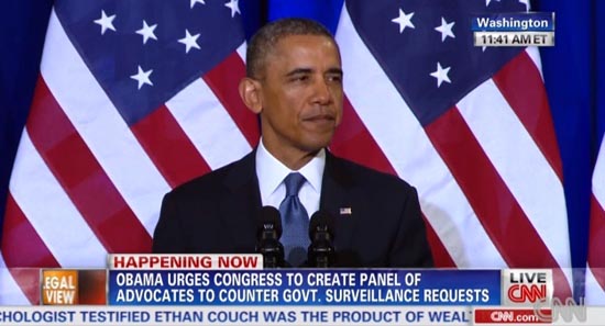 지난 1월 18일(한국시각) 있었던 버락 오바마 대통령의 NSA 개혁 연설을 생중계하는 CNN 방송 갈무리.
