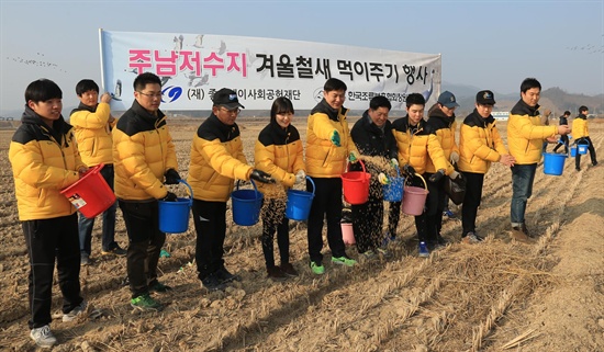  ‘좋은데이’ 사회공헌재단, 한국조류보호협회 창원지회는 18일 오전 철새도래지인 주남저수지에서 “천연기념물 제203호 재두루미 먹이주기 행사”를 가졌다.