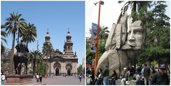 산티아고 아르마스 광장에는 정복자 발디비아(좌)의 동상과 자신들의 땅을 침략한 발디비아를 죽인 칠레 원주민 마푸체족 지도자의 초상을 새긴 석상(우)이 모두 설치되어 있다.