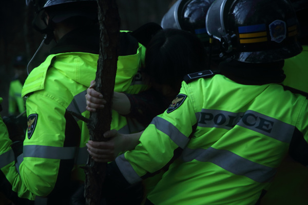 한 희망버스 참가자가 경찰들의 제지를 받으면서도 힘겹게 나무를 움켜잡고 있다. 