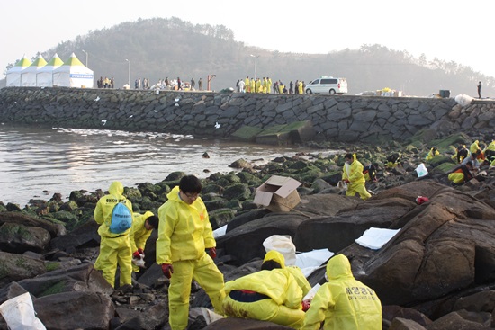 지난달 31일 전남 여수 낙포부두에서의 유조선 충돌 사고로 16만4000리터(여수해경 중간수사 발표)의 기름이 유출된 가운데 2일 전남 여수 신덕마을 선창가에서 자원봉사자들이 기름 제거 작업을 하고 있다.