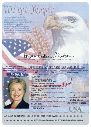 라트비아에서 활동하는 러시아인 인권단체에서 미 대사관에 보낸 힐러리 클린턴의 비시민권자 여권