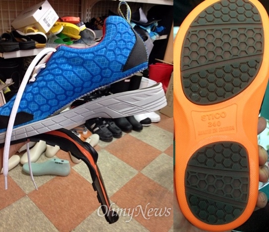 나노텍이 자체 개발한 소재를 적용한 신발들. 오른쪽은 미끄러지지 않는 신발 '스티코', 왼쪽은 기존 운동화 공정을 30% 이상 압축시킨 '부트라'와 '부치오'. 