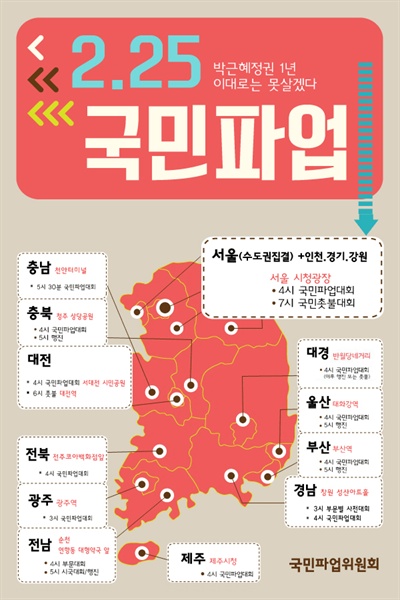  오는 25일 박근혜 대통령 취임 1년을 맞아 전국 동시 다발적으로 국민파업대회가 열린다. 민주노총과 시민단체로 구성된 국민파업위원회는 이날 국민파업대회를 통해 ▲대선개입 진상규명 및 책임자 처벌 ▲특검 요구 ▲공안탄압 중단 및 민주주의 수호▲철도·가스 등 공공 부문 민영화 저지 등을 요구할 예정이다. 