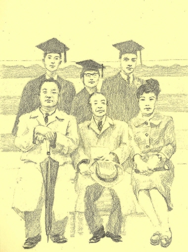 1959년 당시 홍익대학교 동양학과에서는 3명이 졸업한다. 윗줄 가운데가 문은희 화백이다. 아랫줄 왼쪽이 운보 김기창, 가운데가 이상범, 왼쪽이 천경자 화백이다.