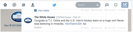 "축하해 티제이 오쉬 그리고 큰 승리를 거둔 미국 남자 하키팀! 기적에 대한 믿음을 멈추지 맙시다." 백악관 공식 트위터 계정을 통해 오바마 대통령(bo)이 축하 메시지를 남겼다. 