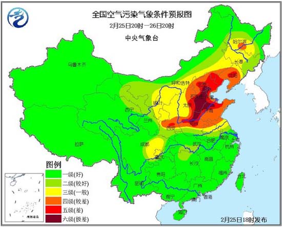 한국의 서쪽에 있는 화베이 지역이 가장 심한 오염 지수를 보이고 있다. 