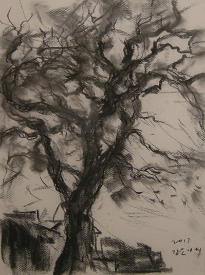 강요배 I '바람 타는 나무(The Wind in the Tree)' 종이에 콩테(Conte on paper) 54×39cm 2013. 소용돌이치는 제주바람에 휘감긴 나무의 모습이 신령하고 숭고하다
