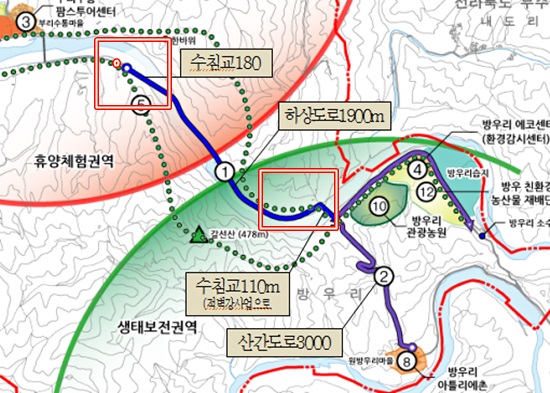 충남도와 금산군이 금산 수통리와 방우리 인근 금강을 가로 지르는 2개의 교량(붉은 색 ㅁ)과 강변도로(2.2km, 파란선)를 개설하려 하고 있다. 