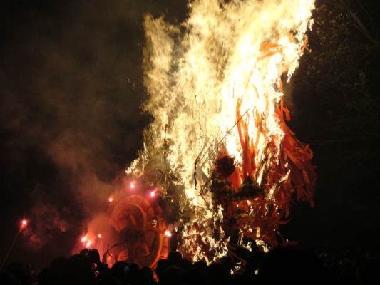 　　마을 사람들이 신을 태운 가마인 다시를 불에 태우고 있습니다. 많은 사람들이 둘레에서 구경을 하고 있습니다. 