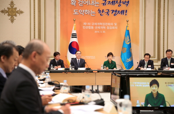 박근혜 대통령이 20일 오후 청와대 영빈관에서 열린 '제1차 규제개혁 장관회의 및 민관합동 규제개혁 점검회의'에서 모두발언을 하고 있다.