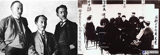 위 왼쪽은 만국평화회의보(1907년 7월 5일자) 1면에 실린 헤이그 특사들(왼쪽부터 이준, 이상설, 이위종 선생. 출처 위키피디어). 위 오른쪽은 안중근 의사가 이토 히로부미를 저격후 여순감옥 수감중에 면회하는 모습.