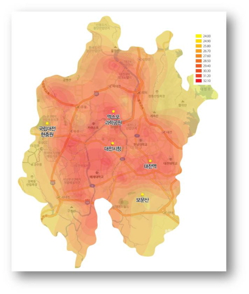 열지도의 모습을 통해 열섬현상을 확인 할 수 있다. 
