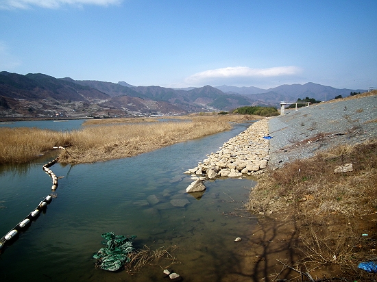 국도를 신설하는 과정에서 섬진강 제방을 공사하고 있다. 