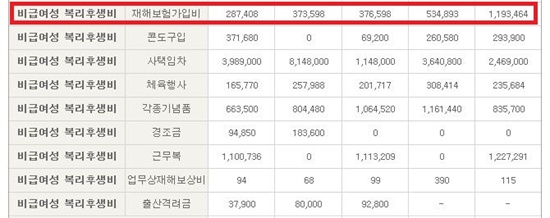  국민건강보험공단 임직원의 연도별 단체보험 가입비용.