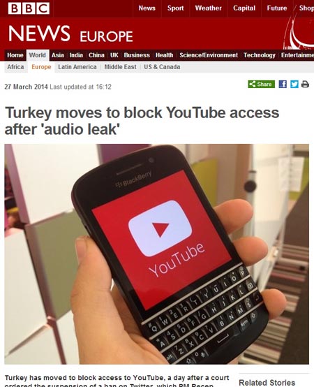 터키 정부의 유튜브 접속 차단을 보도하는 영국 BBC 뉴스 갈무리.
