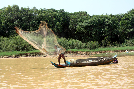 톤레삽 호수에서 고기잡는 어부의 모습. 뒤에서는 아내가 배를 잡아주고  있다