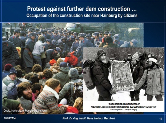 독일 시민들이 댐 건설을 막기위해 점거운동을 벌이는 모습. 훈데르트 바서(흑백사진 속 왼쪽)라는 세계적 화가도 이 운동에 참여했다. 