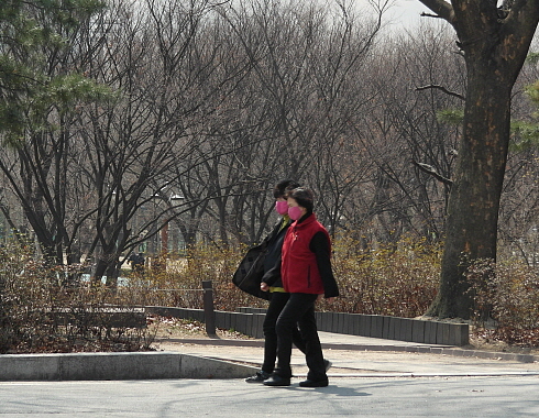 서울 보라매공원에서 시민들이 마스크를 쓴 채 운동을 하고 있다. 황사나 미세먼지 농도가 평소보다 높을 것으로 예상될 때는 장시간 실외활동을 자제하고 외출 시엔 되도록 마스크를 쓰는 것이 좋다. 
