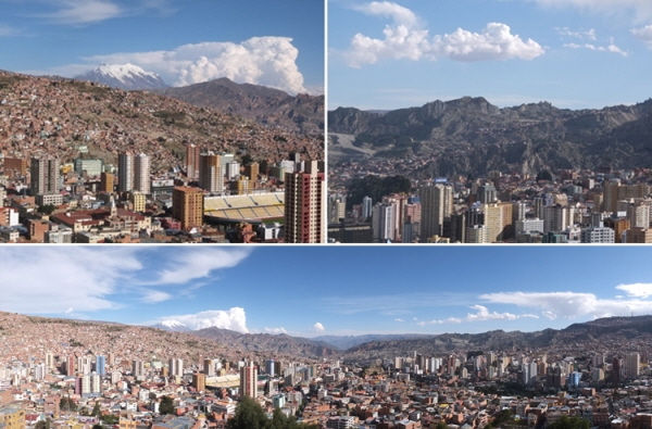 수도 라파즈의 꼭대기는 해발 4000m에 달해 6000m 높이의 눈덮힌 와이나 포토시 봉우리와 마주보고 있다.