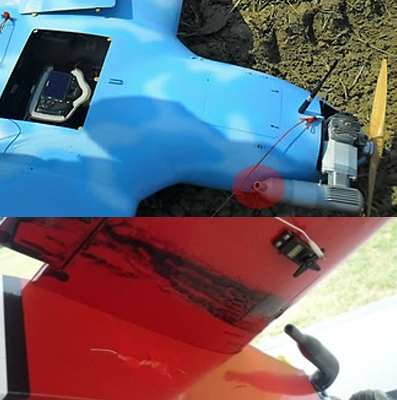 붉은 원이 배기구. 배기구 뒷부분이 깨끗하다. 아래 사진은 일반적인 무선조종 비행기 모습.