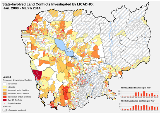 캄보디아 인권단체(LICADHO)가 검증 데이터를 바탕으로 제작한 지도. 이 지도엔 지난 13년간 캄보디아 13개 주에서 발생한 토지 분쟁 건수가 담겨 있다. 