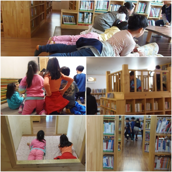 아이들은 책을 고른후 평상에서, 작은 오두막에서, 이층침대에서, 바닥에서 등 가장 편안한 자세로 책을 읽기 시작하였다.
