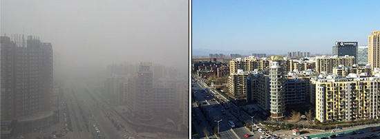 베이징시내 모습. 비교적 스모그가 심한 날(좌, 3월27일 촬영)과 스모그가 비교적 덜한 날(우, 3월20일).
