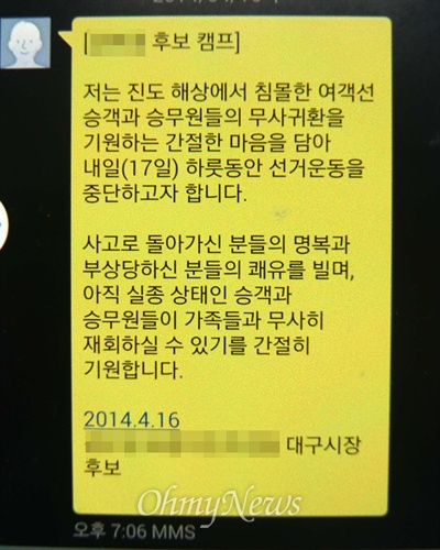 전남 진도 해상에서 여객선 '세월호'가 16일 침몰하자 대구와 경북지역 지방선거 출마자들도 대부분 선거운동을 잠정 중단했다.