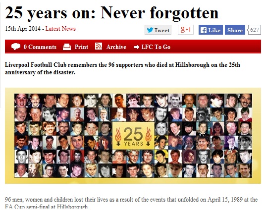 힐스보로 참사 당시 사망한 96명의 사진을 게시한 리버풀 축구팀 누리집. '25년이 지나도 잊지 않겠다'는 뜻을 담고 있다.