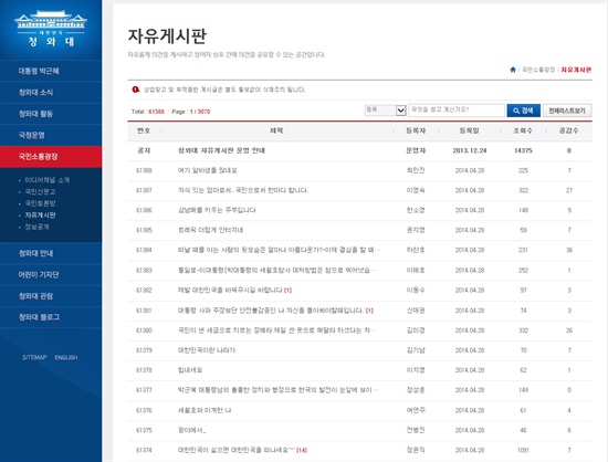  청와대 홈페이지 자유게시판. 세월호 침몰 사고 대응을 비판하는 글이 계속해서 올라오고 있다. 