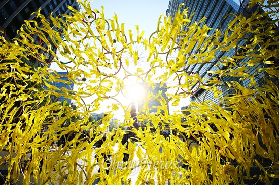 서울 광화문 청계광장에 설치된 세월호 침몰희생자들의 추모하는 조형물 <못다핀 꽃>에 묶인 노란 리본들이 바람에 날리고 있다.