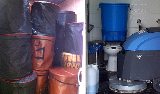 노인종합복지관 장애인화장실(왼쪽)과 GS수퍼마켓 장애인화장실(오른쪽)에 악기와 청소도구가 꽉 들어찬 모습. ⓒ 무한정보신문