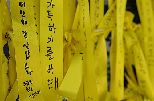 세월호 참사 희생자들의 분향소가 마련된 충북도청 회의실 앞에 내걸린 노란 리본 "꼭 살아서 보자, 조금만참고 기다려" 