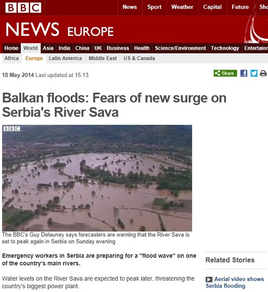 120년 만의 대홍수로 물에 잠긴 발칸반도 사태를 보도하는 영국 BBC뉴스 갈무리.