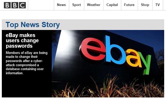 글로벌 경매사이트 이베이의 해킹 사건을 보도하는 영국 BBC뉴스 갈무리.