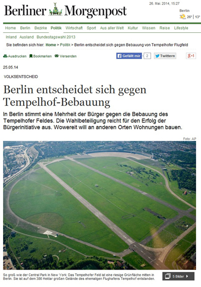 템펠호프 공항 부지 소식을 전하고 있는 독일 <베를리너모르겐포스트>
