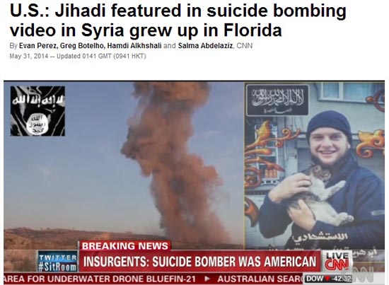 미국 시민의 시리아 내전 폭탄 테러 가담을 보도하는 CNN뉴스 갈무리.