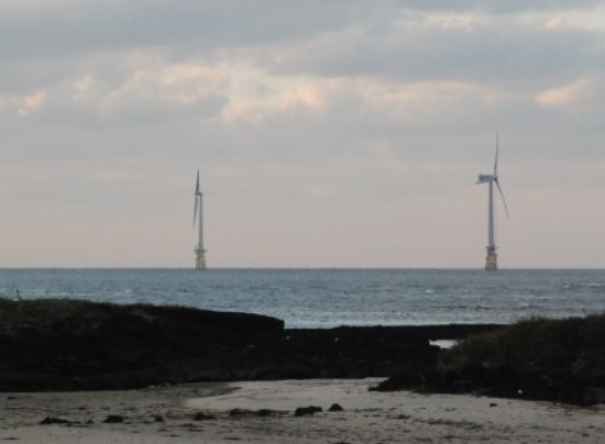 구좌읍에 시범적으로 설치된 해상풍력발전기 두 대.