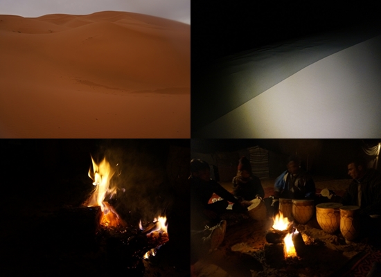 사막에서의 낮과 밤. 사막 한가운데서 모닥불을 피워놓고 공연하는 모습
